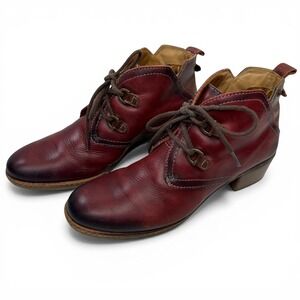 Pikolinos Ankle Boots Women 38 / 7.5-8 Red Burgundy Leather Lace Up Block Heel